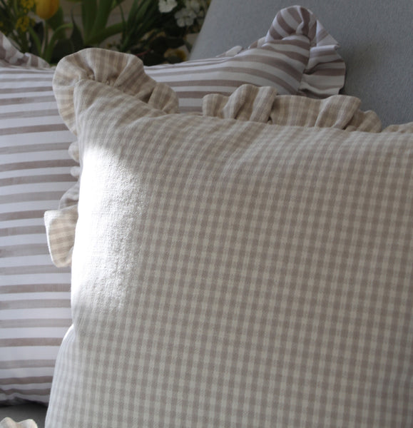 Doodling Lucy x Farmhouse and Home Ruffle Cushion - Wheat Gingham