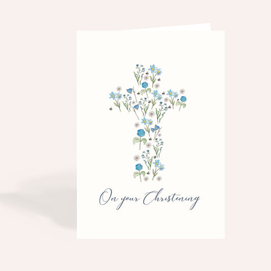 Blue Floral Christening Card