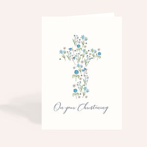 Blue Floral Christening Card