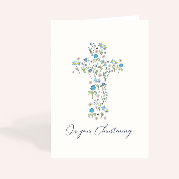 Blue Floral Christening Card