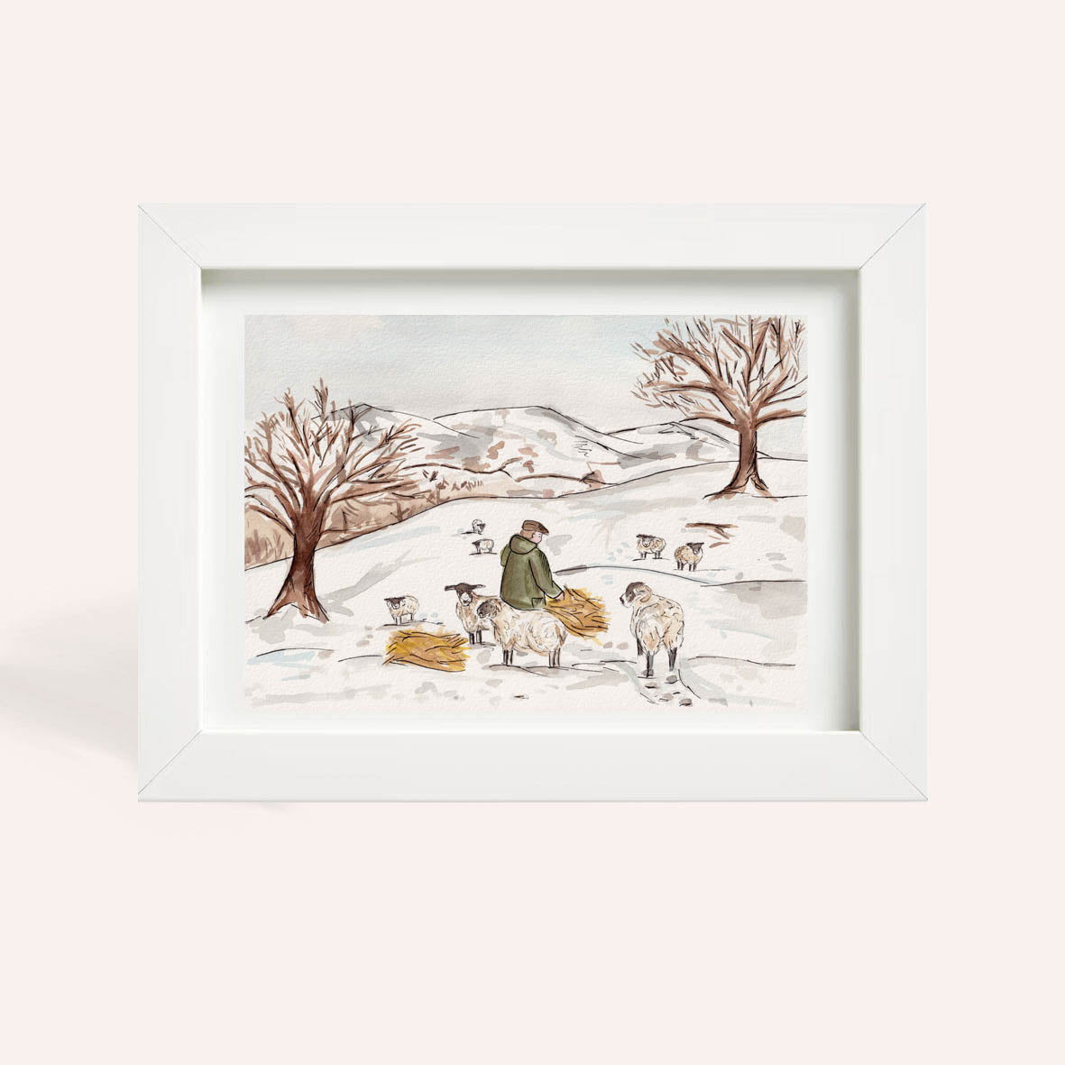Farmer Feeding Sheep A4 Original Watercolour