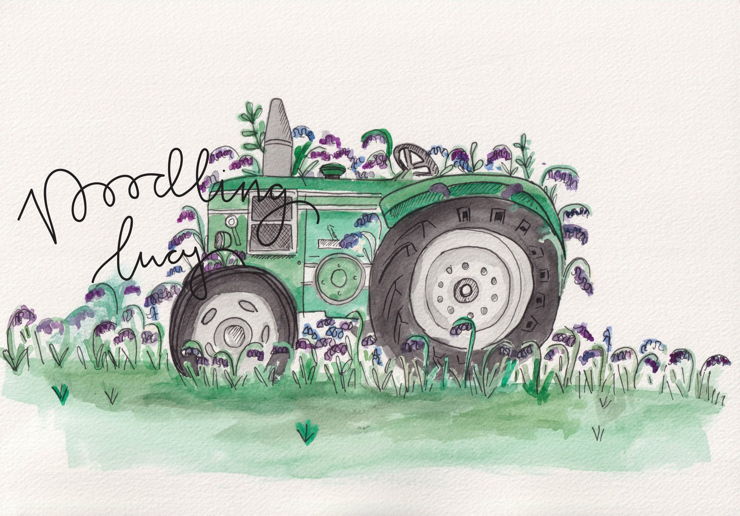 Field Marshall Vintage Tractor with Bluebells A4 Original Watercolour