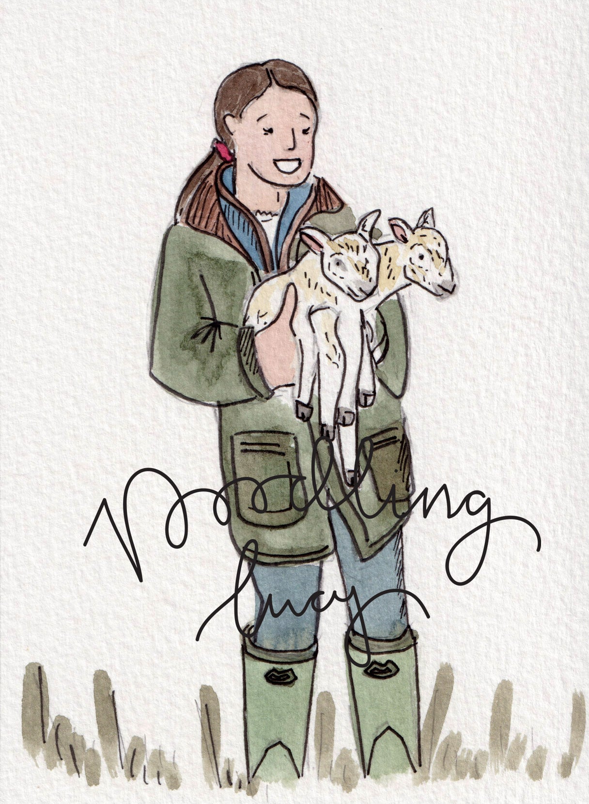 Girl With Lambs A6 Original illustration
