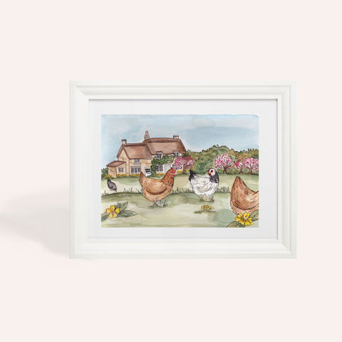 PREORDER Charity Hens & Thatched Cottage  A4 Art Print