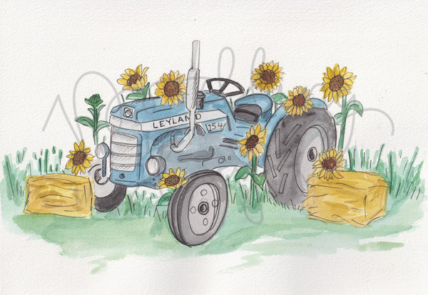 Sunflower Leyland Vintage Tractor A4 Watercolour Original