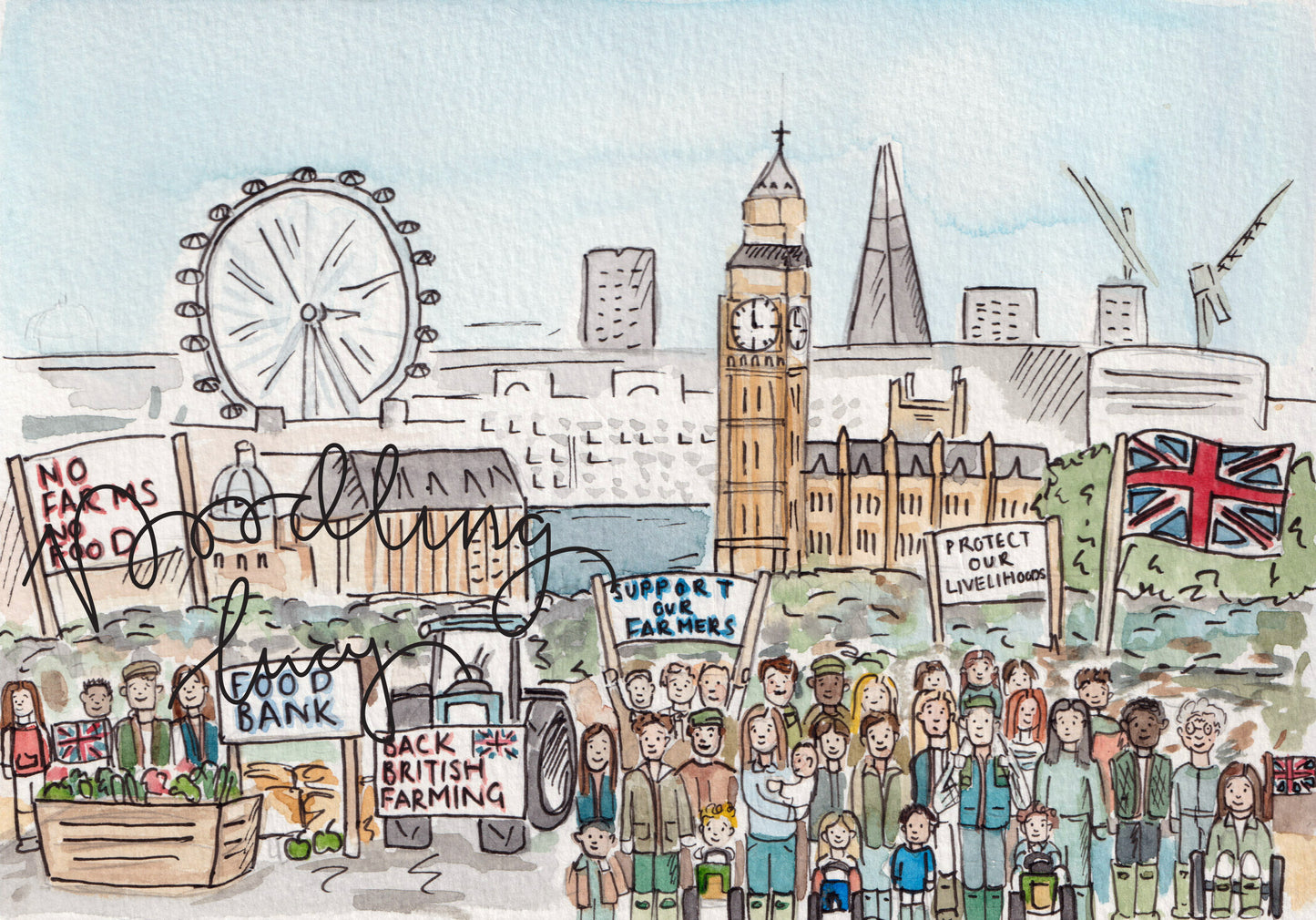 Back British Farming London Protest A5 Original Illustration